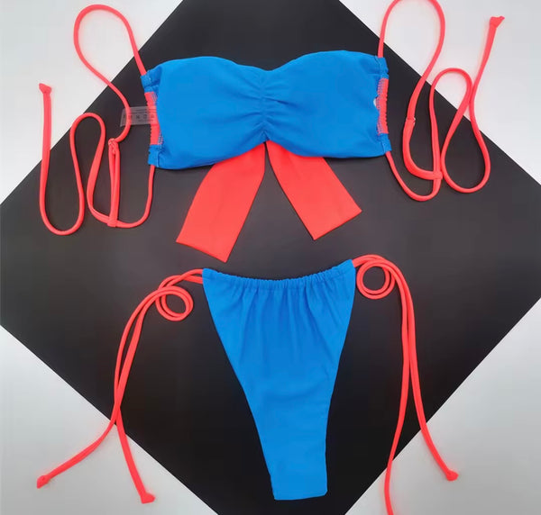Women Sexy Tie Up Bow Color Patchwork Bikini
