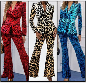 Women Fashion Velour Leopard Print Two Piece Blazer Pant Set