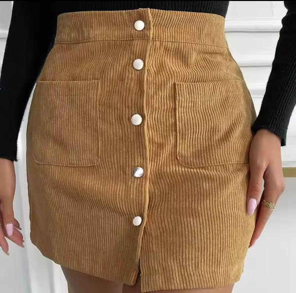 Women Color Button Up Corduroy Fashion Skirt