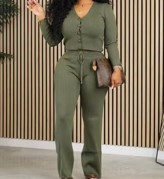 Women Fashion Ribbed Button Up Full Sleeve Two Piece Pant Set