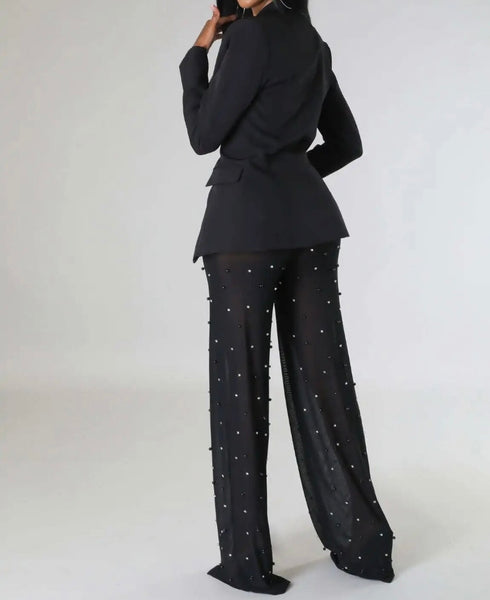 Women Sexy Black Full Sleeve Blazer Two Piece Beaded Mesh Pant Set