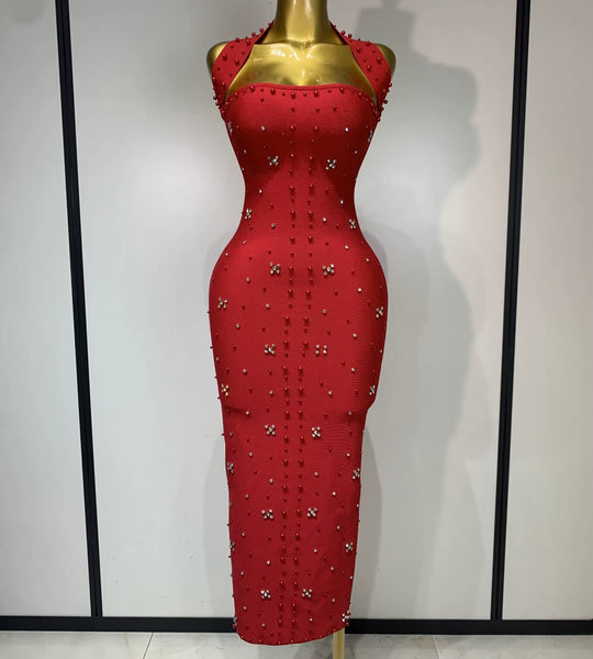 Women Sexy Halter Sleeveless Beaded Rhinestone Maxi Dress