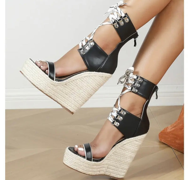 Women Fashion Faux Leather Lace Up Wedge Platform Sandals