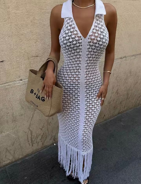 Women Sexy Halter Sleeveless Knitted Tassel Maxi Dress