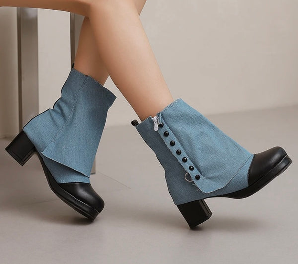 Women Fashion Button Denim Ankle Boots