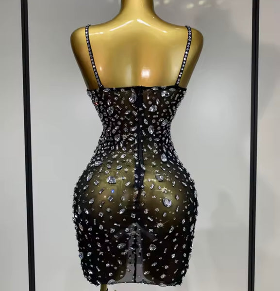 Women Sexy Sleeveless Rhinestone Mesh Dress