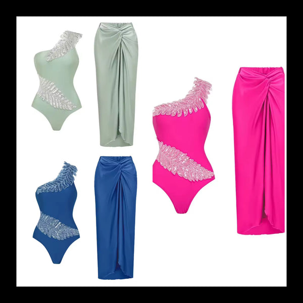 Women Sexy Sequins One Shoulder Swimsuit Cover Up Set