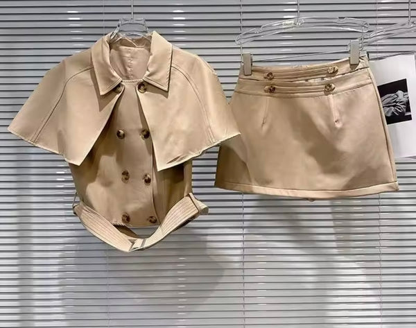 Women Fashion Button Double Breasted Cape Two Piece Skirt Set