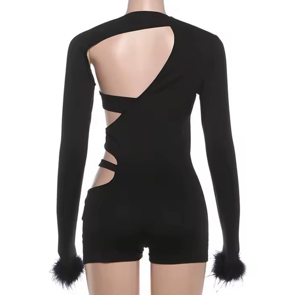 Women Sexy Cut Out Feather Full Sleeve Romper