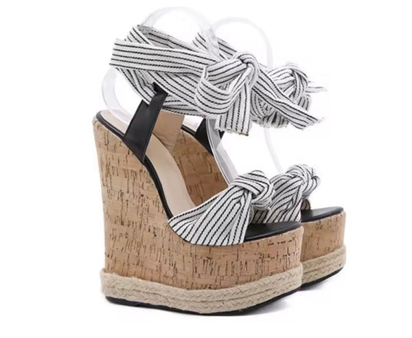 Women Fashion B&W Striped Wedge Lace Up Sandals