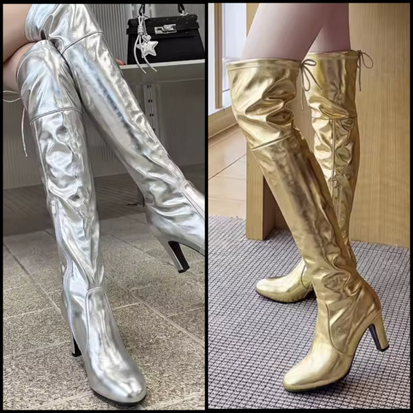 Women Metallic Drawstring Fashion Over The Knee Boots