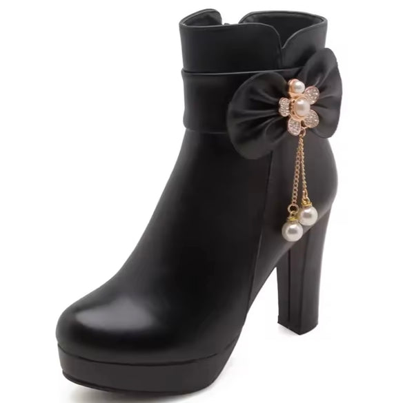 Women Fashion Bling Bow Pearl Tassel High Heel Ankle Boots