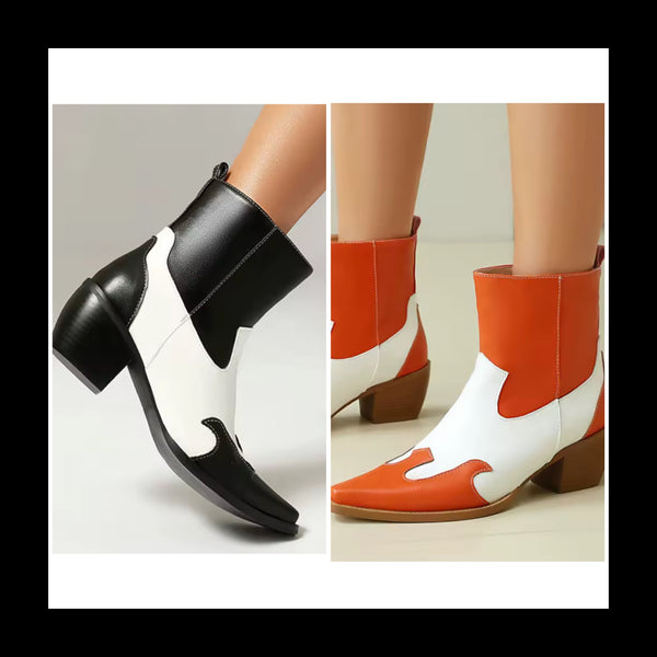 Women Color Patchwork Fashion Faux Leather Western Ankle Boots