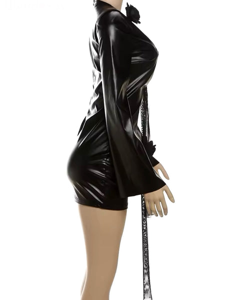 Women Sexy Black Faux Leather Lace Up Full Sleeve Dress