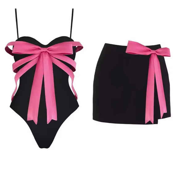 Women Sexy Color Patchwork Bow Bikini/Swimsuit Cover Up Set