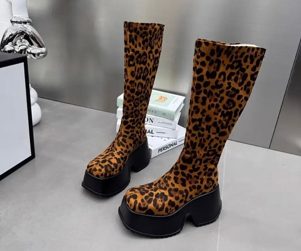 Women Fashion Leopard Print Platform Ankle/Knee High Boots
