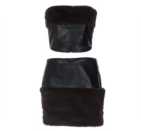 Women Black Fur Patchwork Strapless Two Piece Skirt Set