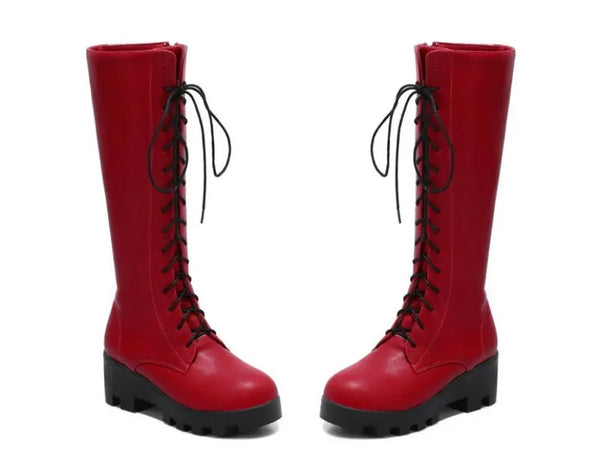 Women Fashion Faux Leather Lace Up Platform Knee High Boots