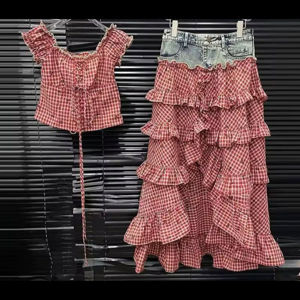 Women Red Plaid Denim Patchwork Two Piece Maxi Skirt Set