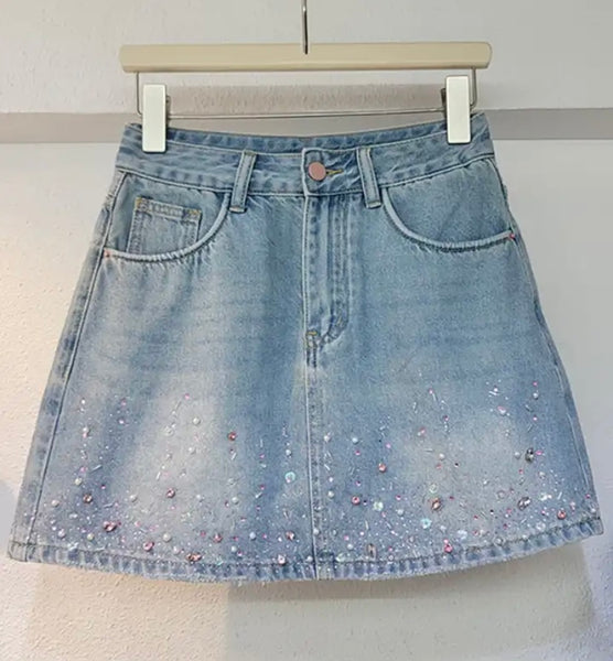 Women Blue Fashion Beaded Bling Denim Skirt