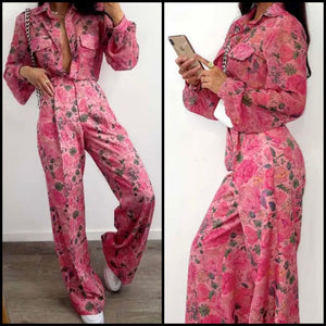 Women Fashion Pink Floral Print Full Sleeve Two Piece Pant Set