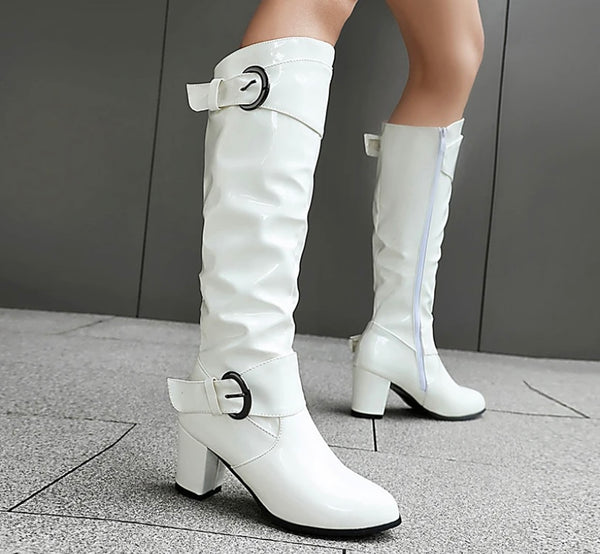 Women Fashion Patent Leather Buckled Knee High Boots