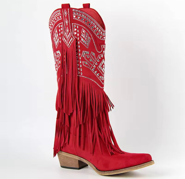 Women Fashion Suede Bling Fringe Tassel Western Boots