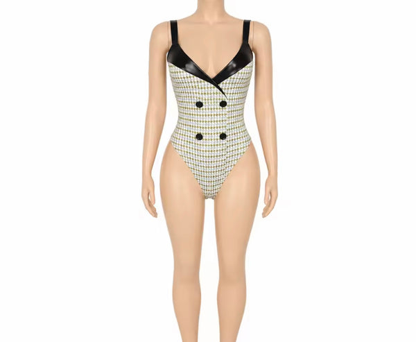Women PU Patchwork Printed Bodysuit Shawl Set