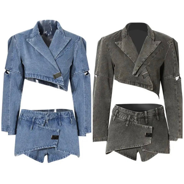 Women Denim Two Piece Fashion Crop Blazer Skirt Set