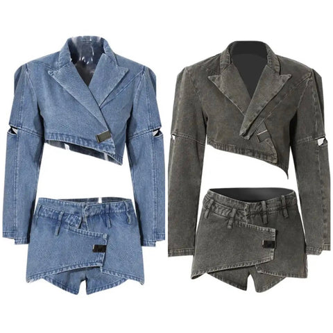 Women Denim Two Piece Fashion Crop Blazer Skirt Set