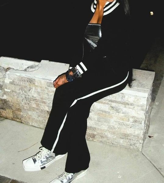 Women Black Striped Fashion Two Piece Tracksuit Pant Set