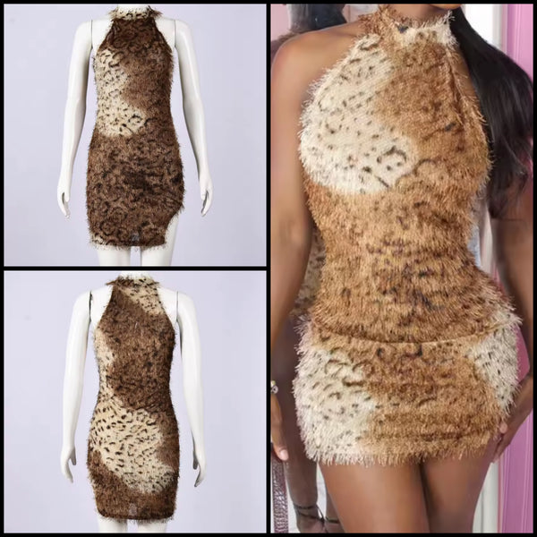 Women Sexy Sleeveless Furry Leopard Print Dress