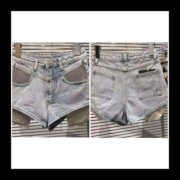 Women Fashion Blue Bling Pocket Denim Shorts