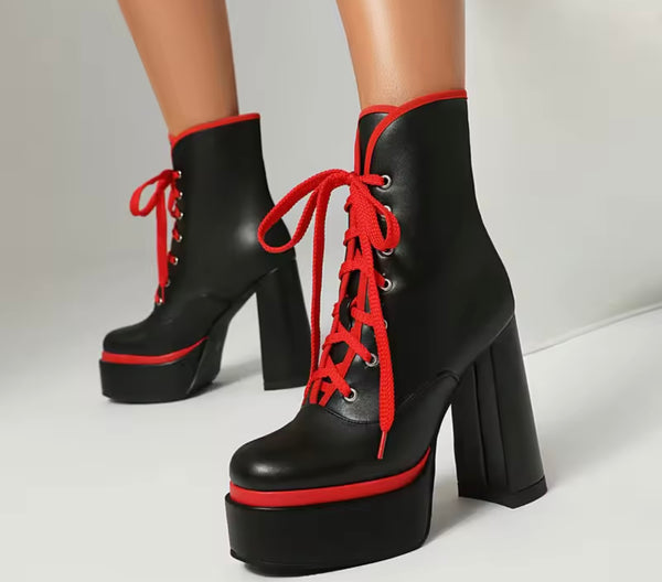 Women Fashion Color Patchwork Lace Up Platform High Heel Ankle Boots