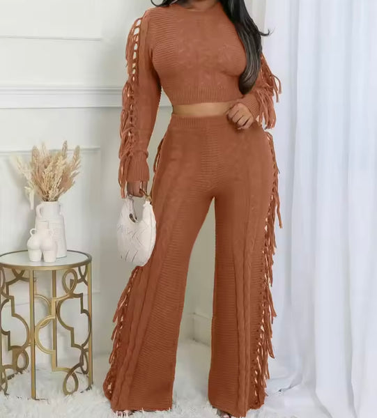 Women Fringe Fashion Full Sleeve Sweater Two Piece Pant Set