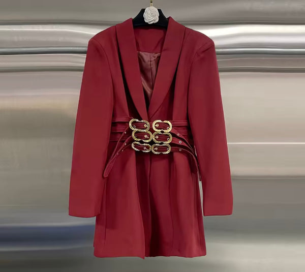 Women Fashion Color Buckle Belted Full Sleeve Blazer Top