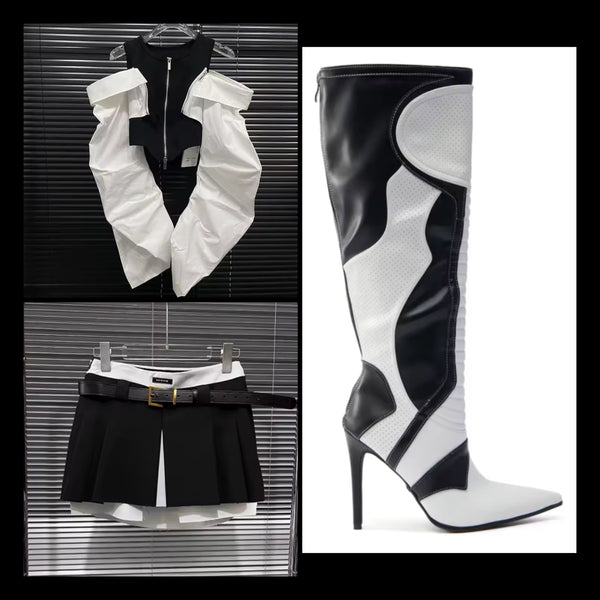Women B&W Color Patchwork Fashion Skirt