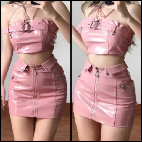 Women Pink Sexy Strapless Buckled Faux Leather Two Piece Skirt Set