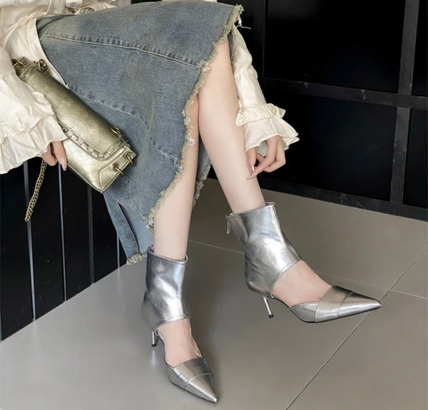 Women Fashion Faux Leather Pointed Toe Cut Out Ankle Boots