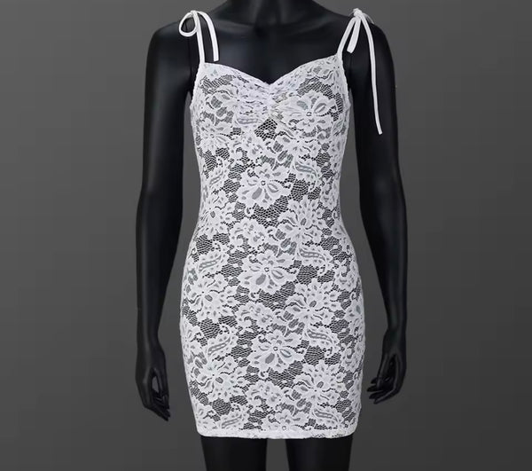 Women White Sexy Sleeveless Lace Dress