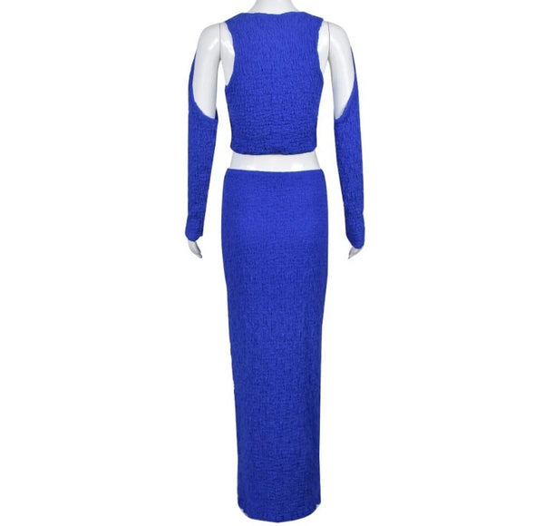 Women Sexy Blue Cut Out Full Sleeve Two Piece Maxi Skirt Set