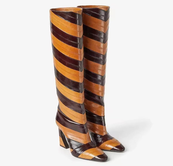 Women Fashion Color Patchwork Striped Knee High Boots