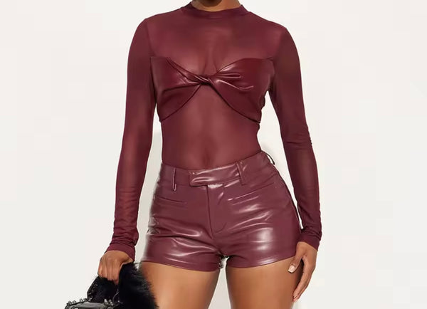 Women PU Mesh Full Sleeve Fashion Bodysuit Top