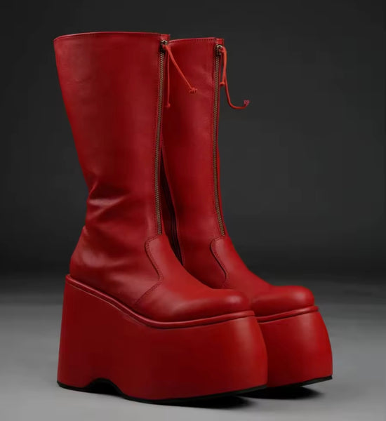 Women Color Fashion Front Zipper Platform Faux Leather Boots
