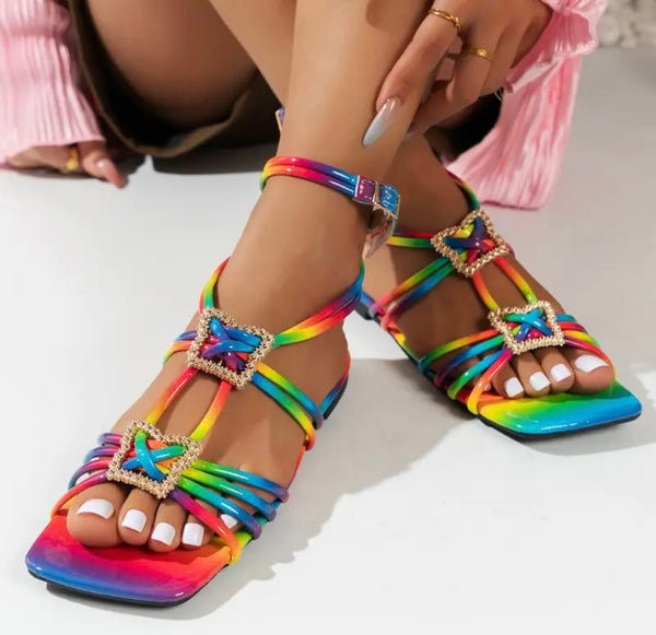 Women Fashion Rainbow/Gold Ankle Strap Flat Sandals