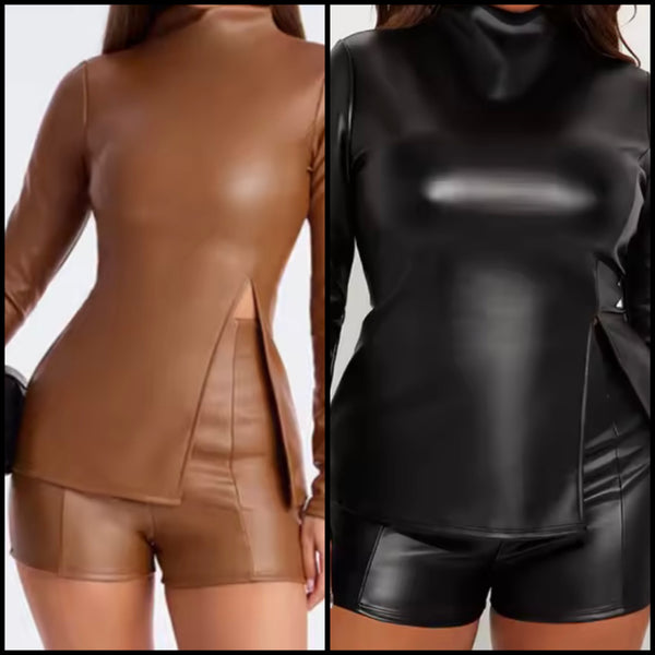 Women Fashion Faux Leather Full Sleeve Two Piece Short Set