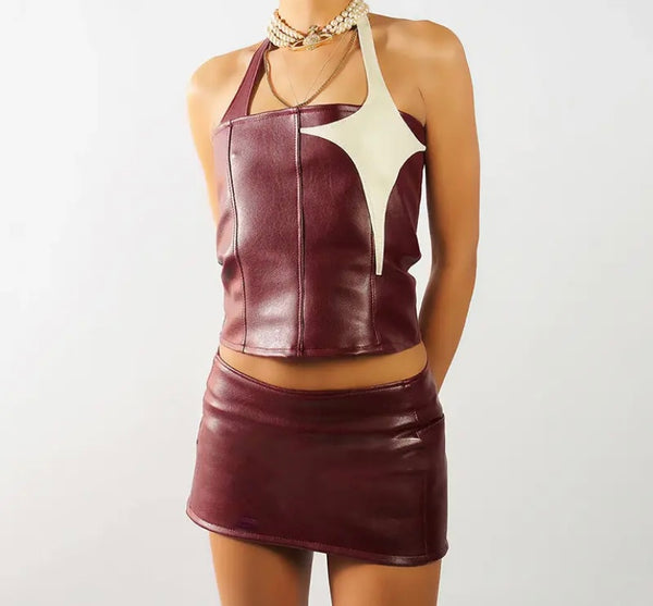 Women Sexy Halter Sleeveless Faux Leather Two Piece Skirt Set