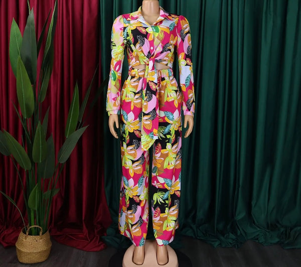 Women Fashion Button Up Floral Full Sleeve Two Piece Pant Set