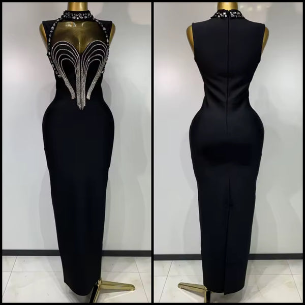 Women Black Sexy Sleeveless Rhinestone Maxi Dress