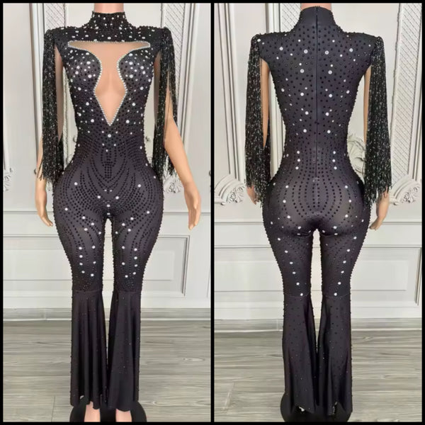 Women Black Beaded Rhinestone Tassel Jumpsuit